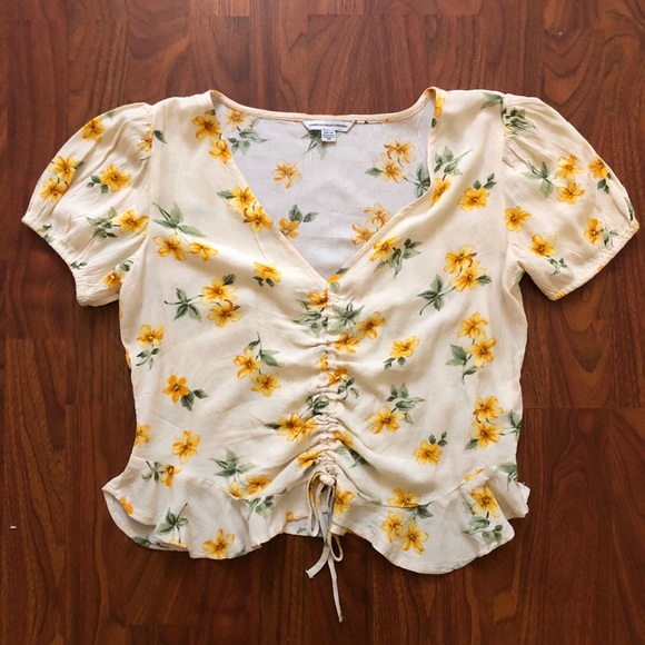 American Eagle Outfitters Tops - AEO Yellow and Off-White Floral Top